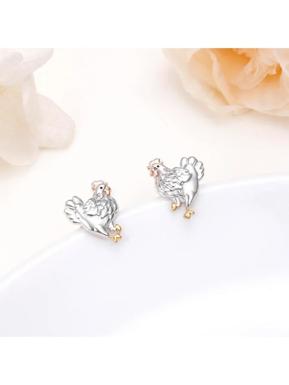 Sterling Silver S925 Chicken Rooster Hen Earrings - Unique Women's Jewelry Gift
